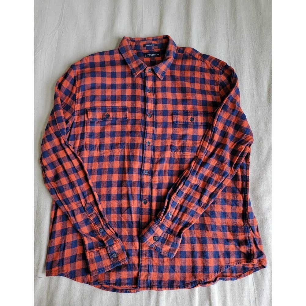 Lucky Brand Mens 2XL Flannel Shirt Orange Blue Check‎ Boho Soft Casual Buffalo
